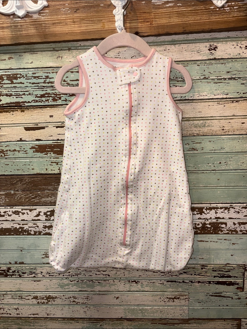 Dwell Studio White Sleeveless Sleep Sack with Pink Trim and Multicolor Dots